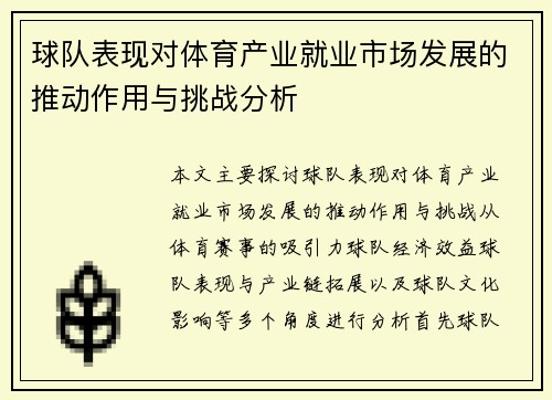 球队表现对体育产业就业市场发展的推动作用与挑战分析