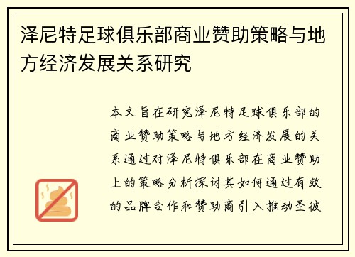 泽尼特足球俱乐部商业赞助策略与地方经济发展关系研究 泽尼特足球俱乐部商业赞助策略与地方经济发展关系研究